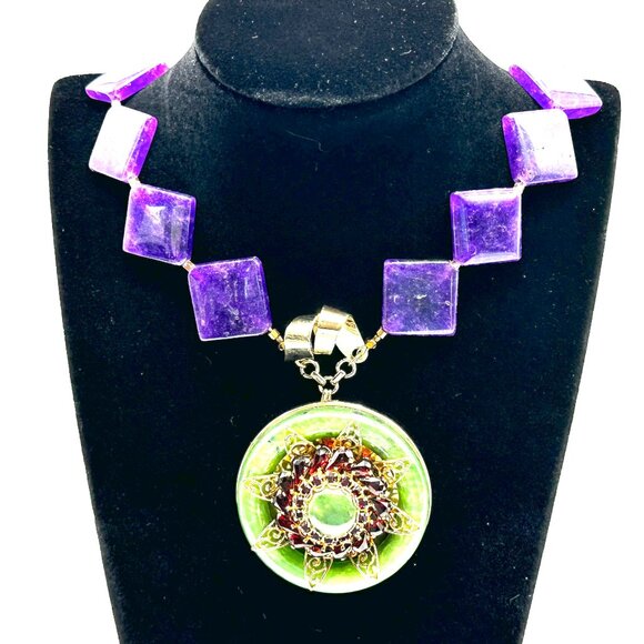 1970s-80s Asian-Inspired Medallion Necklace with Sugilite, Jade & Garnet - Picture 2 of 10